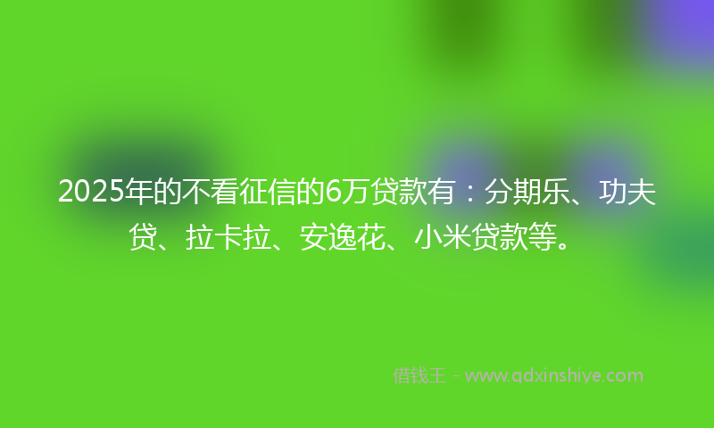2025年的不看征信的6万贷款有：分期乐、功夫贷、拉卡拉、安逸花、小米贷款等。