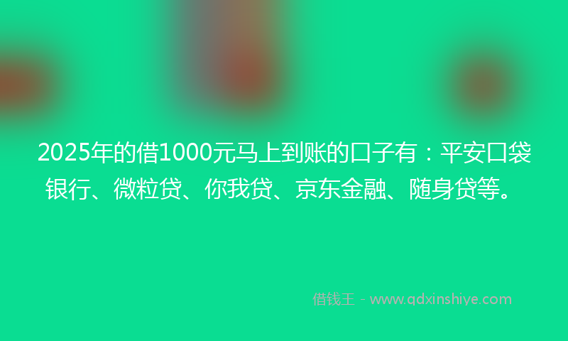 2025年的借1000元马上到账的口子有：平安口袋银行、微粒贷、你我贷、京东金融、随身贷等。