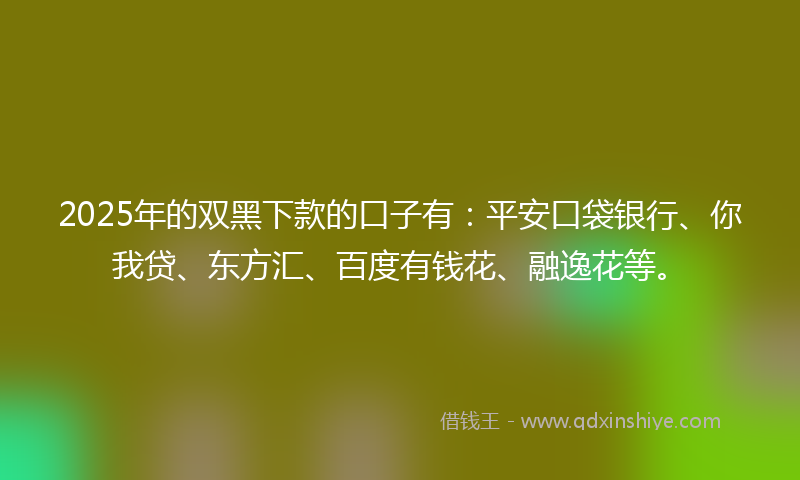 2025年的双黑下款的口子有：平安口袋银行、你我贷、东方汇、百度有钱花、融逸花等。