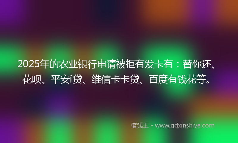 2025年的农业银行申请被拒有发卡有：替你还、花呗、平安i贷、维信卡卡贷、百度有钱花等。