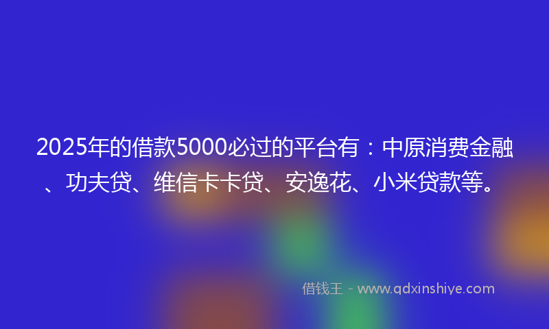 2025年的借款5000必过的平台有：中原消费金融、功夫贷、维信卡卡贷、安逸花、小米贷款等。