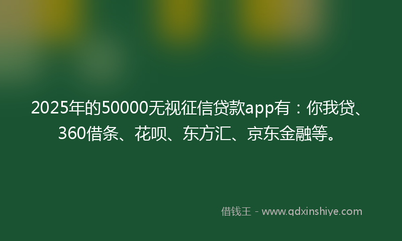 2025年的50000无视征信贷款app有：你我贷、360借条、花呗、东方汇、京东金融等。