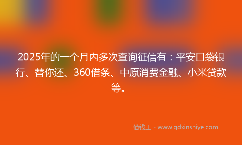 2025年的一个月内多次查询征信有：平安口袋银行、替你还、360借条、中原消费金融、小米贷款等。