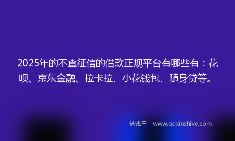 2025年的不查征信的借款正规平台有哪些有：花呗、京东金融、拉卡拉、小花钱包、随身贷等。