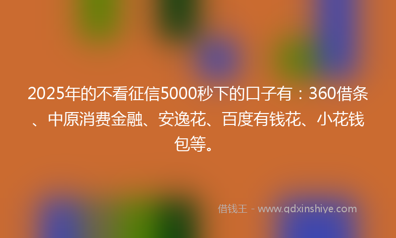 2025年的不看征信5000秒下的口子有：360借条、中原消费金融、安逸花、百度有钱花、小花钱包等。