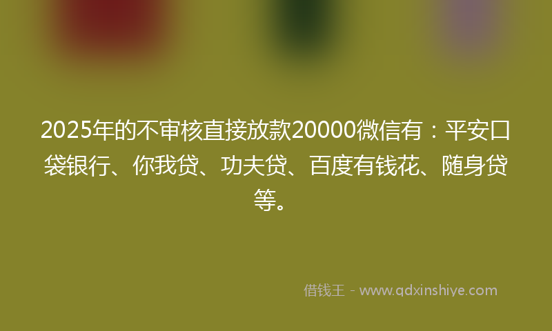 2025年的不审核直接放款20000微信有：平安口袋银行、你我贷、功夫贷、百度有钱花、随身贷等。