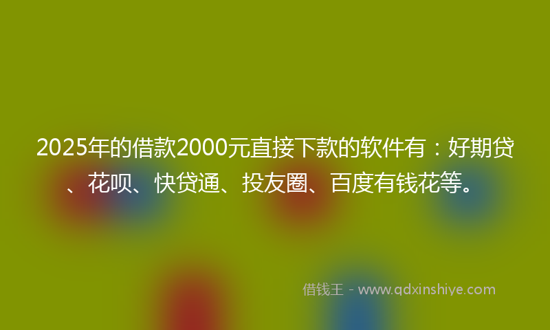 2025年的借款2000元直接下款的软件有：好期贷、花呗、快贷通、投友圈、百度有钱花等。