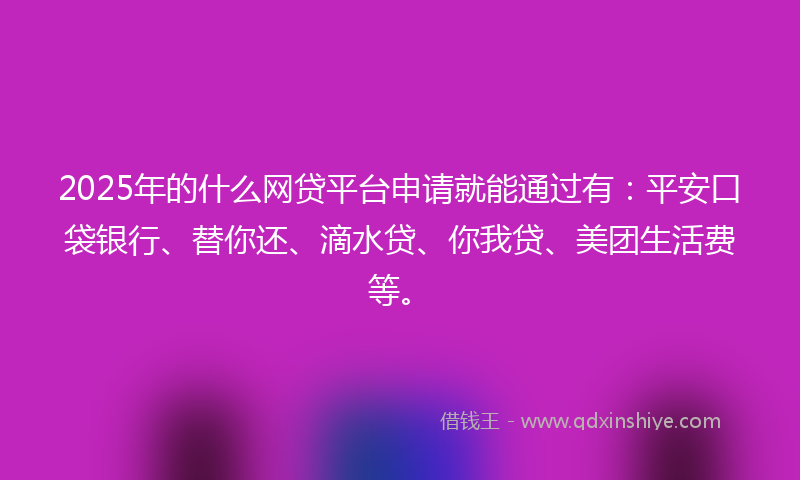2025年的什么网贷平台申请就能通过有：平安口袋银行、替你还、滴水贷、你我贷、美团生活费等。