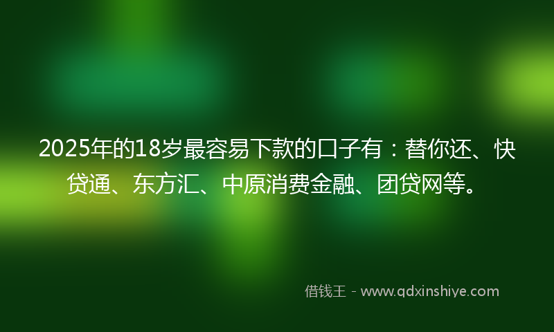 2025年的18岁最容易下款的口子有：替你还、快贷通、东方汇、中原消费金融、团贷网等。
