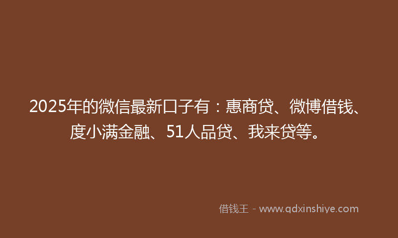 2025年的微信最新口子有：惠商贷、微博借钱、度小满金融、51人品贷、我来贷等。