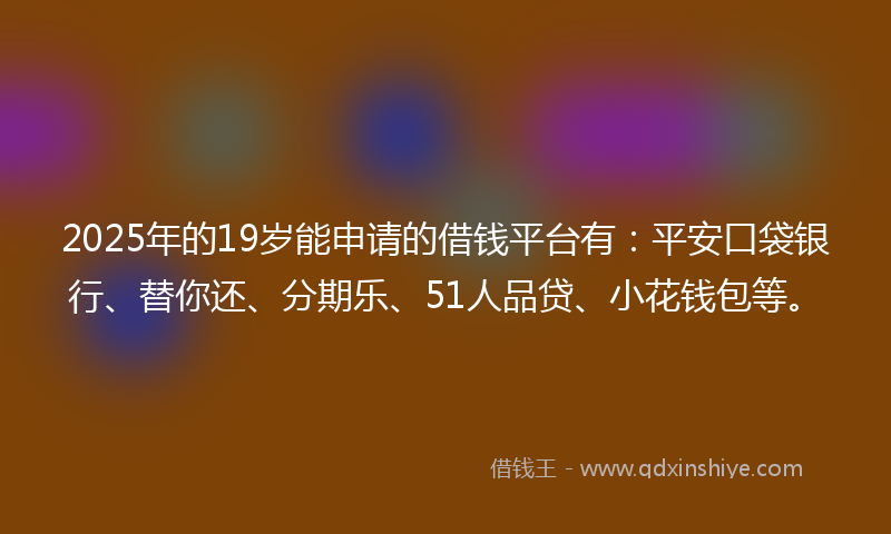 2025年的19岁能申请的借钱平台有：平安口袋银行、替你还、分期乐、51人品贷、小花钱包等。