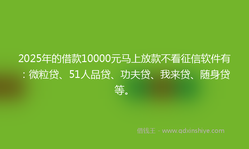 2025年的借款10000元马上放款不看征信软件有：微粒贷、51人品贷、功夫贷、我来贷、随身贷等。