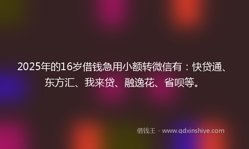 2025年的16岁借钱急用小额转微信有：快贷通、东方汇、我来贷、融逸花、省呗等。