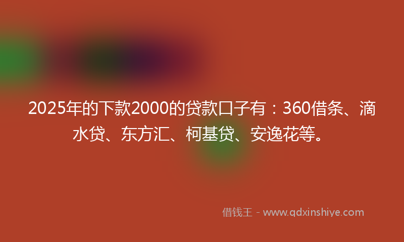 2025年的下款2000的贷款口子有：360借条、滴水贷、东方汇、柯基贷、安逸花等。