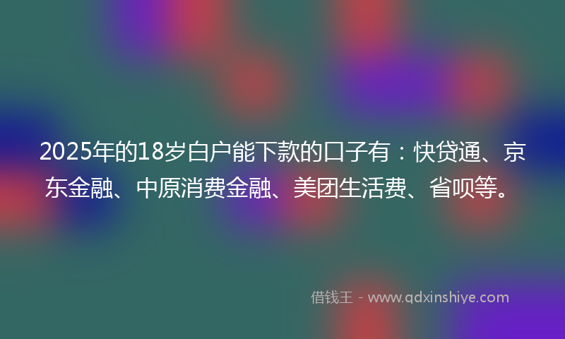 2025年的18岁白户能下款的口子有：快贷通、京东金融、中原消费金融、美团生活费、省呗等。
