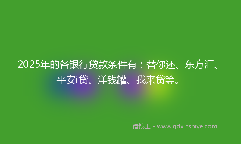 2025年的各银行贷款条件有：替你还、东方汇、平安i贷、洋钱罐、我来贷等。