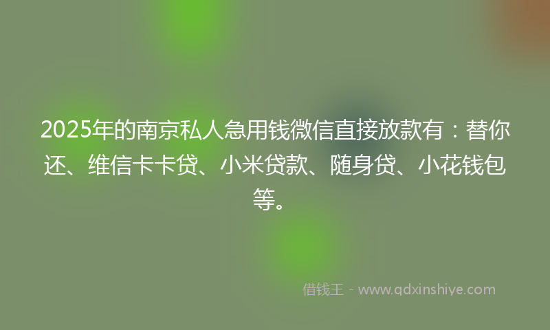 2025年的南京私人急用钱微信直接放款有：替你还、维信卡卡贷、小米贷款、随身贷、小花钱包等。