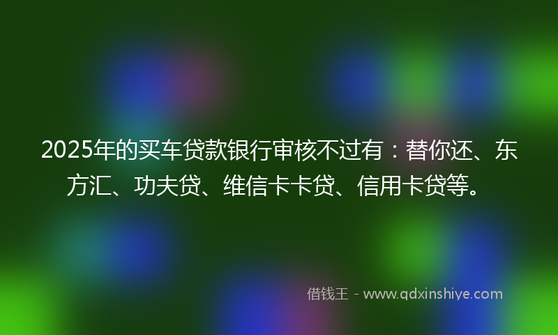 2025年的买车贷款银行审核不过有：替你还、东方汇、功夫贷、维信卡卡贷、信用卡贷等。