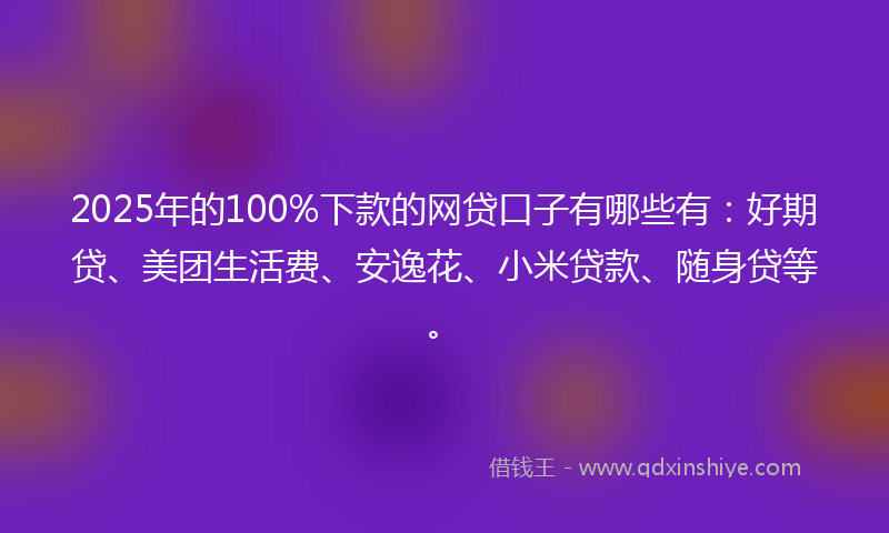 2025年的100%下款的网贷口子有哪些有：好期贷、美团生活费、安逸花、小米贷款、随身贷等。