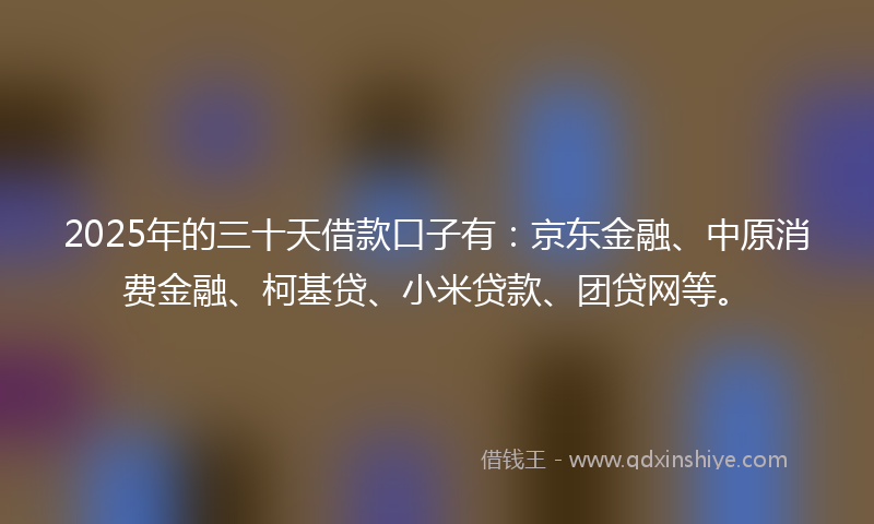 2025年的三十天借款口子有：京东金融、中原消费金融、柯基贷、小米贷款、团贷网等。