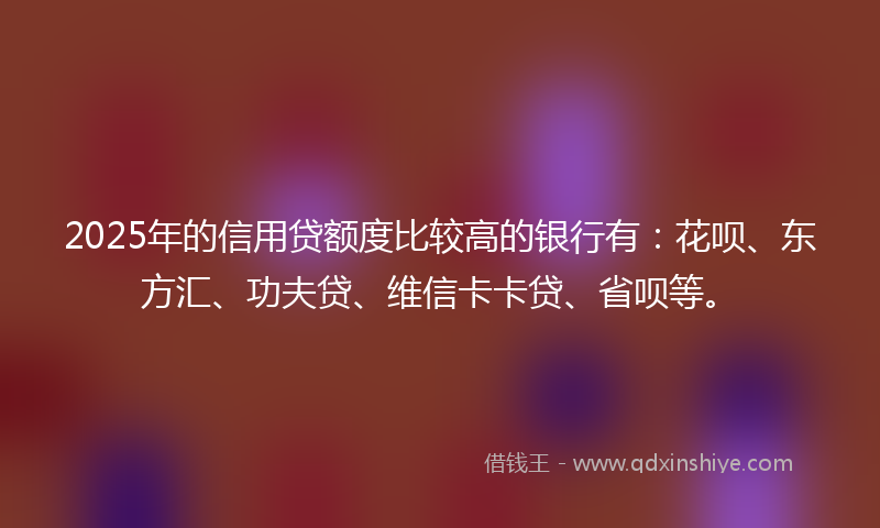 2025年的信用贷额度比较高的银行有：花呗、东方汇、功夫贷、维信卡卡贷、省呗等。