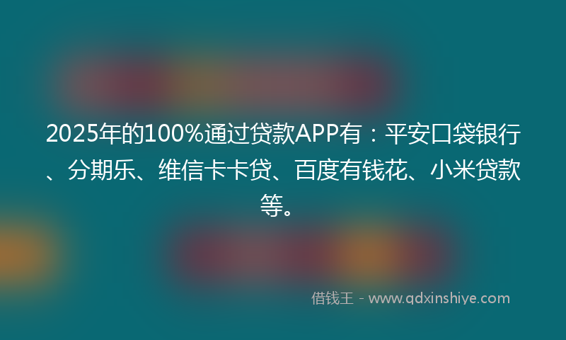 2025年的100%通过贷款APP有：平安口袋银行、分期乐、维信卡卡贷、百度有钱花、小米贷款等。