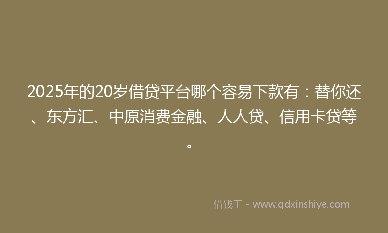 2025年的20岁借贷平台哪个容易下款有：替你还、东方汇、中原消费金融、人人贷、信用卡贷等。