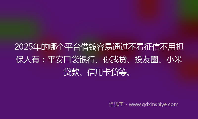 2025年的哪个平台借钱容易通过不看征信不用担保人有：平安口袋银行、你我贷、投友圈、小米贷款、信用卡贷等。