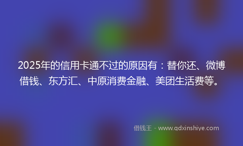 2025年的信用卡通不过的原因有：替你还、微博借钱、东方汇、中原消费金融、美团生活费等。