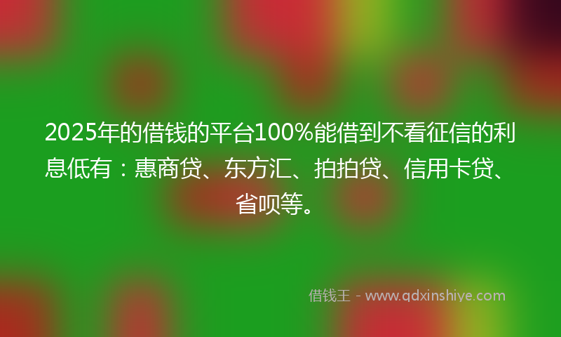 2025年的借钱的平台100%能借到不看征信的利息低有：惠商贷、东方汇、拍拍贷、信用卡贷、省呗等。