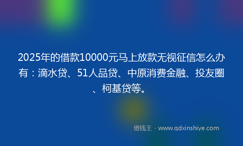2025年的借款10000元马上放款无视征信怎么办有：滴水贷、51人品贷、中原消费金融、投友圈、柯基贷等。