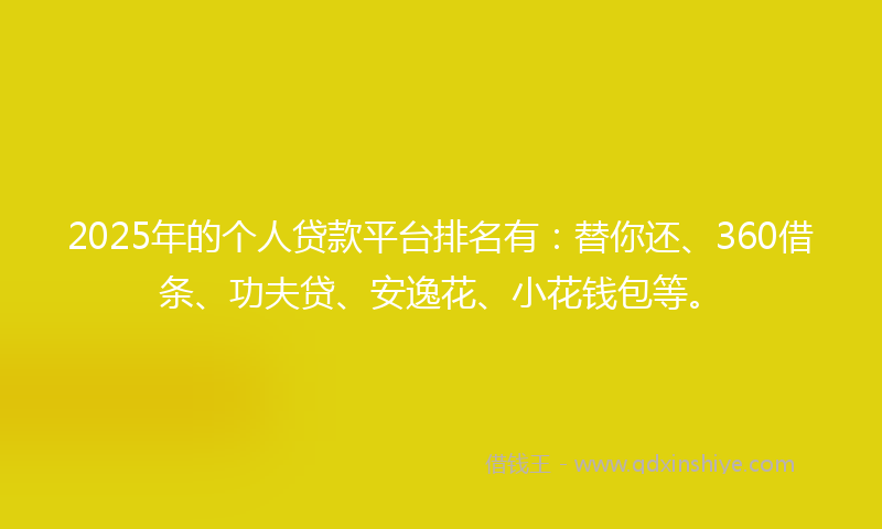 2025年的个人贷款平台排名有：替你还、360借条、功夫贷、安逸花、小花钱包等。
