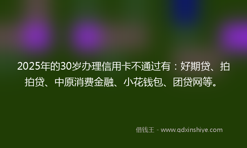 2025年的30岁办理信用卡不通过有：好期贷、拍拍贷、中原消费金融、小花钱包、团贷网等。