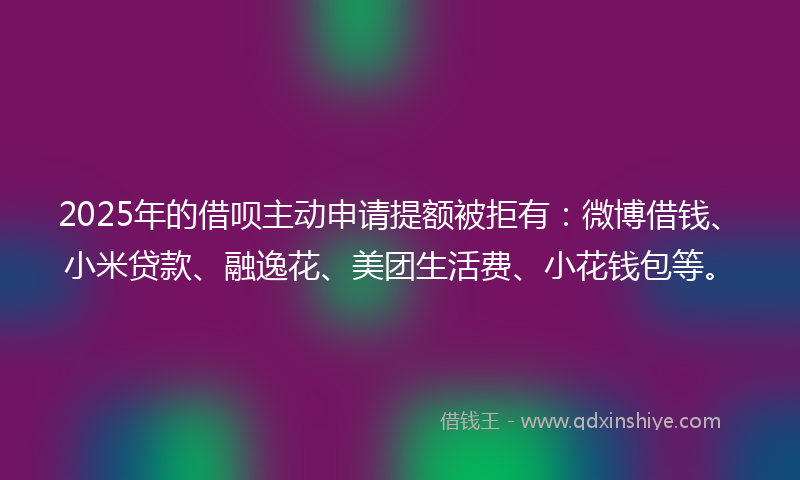 2025年的借呗主动申请提额被拒有：微博借钱、小米贷款、融逸花、美团生活费、小花钱包等。