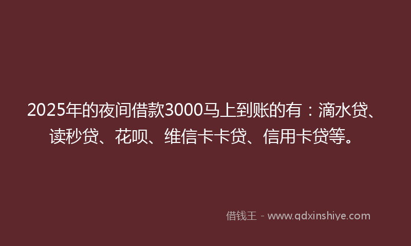 2025年的夜间借款3000马上到账的有：滴水贷、读秒贷、花呗、维信卡卡贷、信用卡贷等。