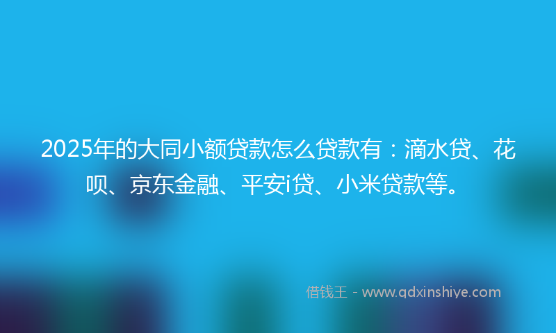 2025年的大同小额贷款怎么贷款有：滴水贷、花呗、京东金融、平安i贷、小米贷款等。