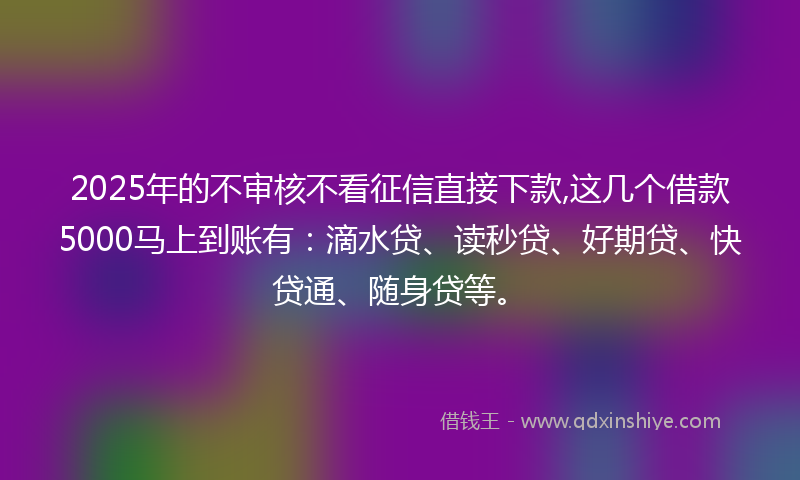 2025年的不审核不看征信直接下款,这几个借款5000马上到账有：滴水贷、读秒贷、好期贷、快贷通、随身贷等。