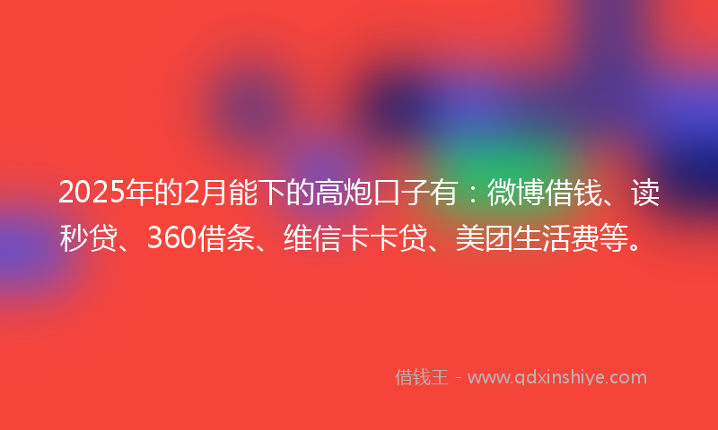 2025年的2月能下的高炮口子有：微博借钱、读秒贷、360借条、维信卡卡贷、美团生活费等。