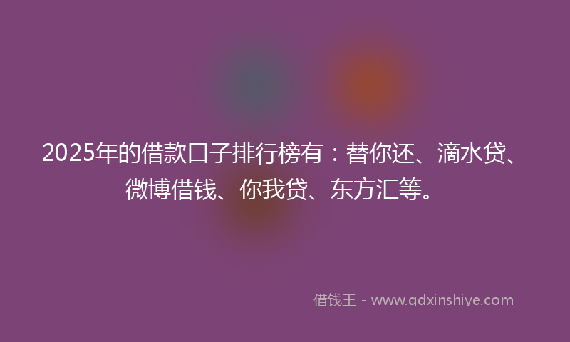 2025年的借款口子排行榜有：替你还、滴水贷、微博借钱、你我贷、东方汇等。