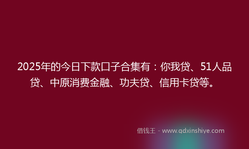 2025年的今日下款口子合集有：你我贷、51人品贷、中原消费金融、功夫贷、信用卡贷等。