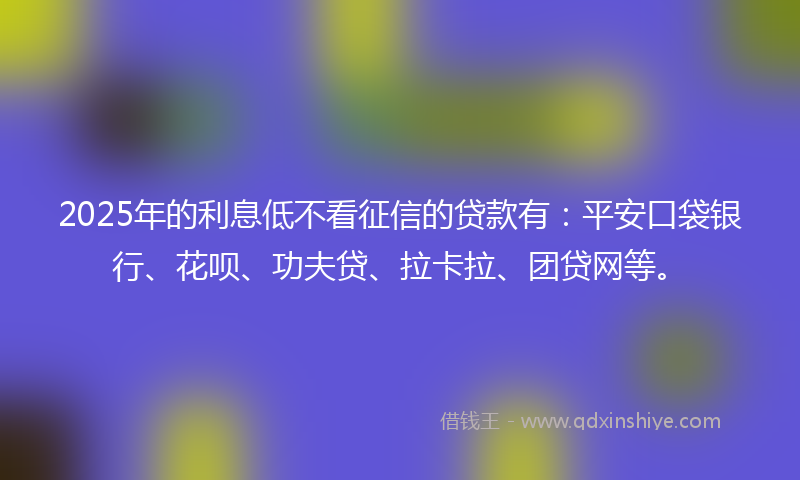 2025年的利息低不看征信的贷款有：平安口袋银行、花呗、功夫贷、拉卡拉、团贷网等。