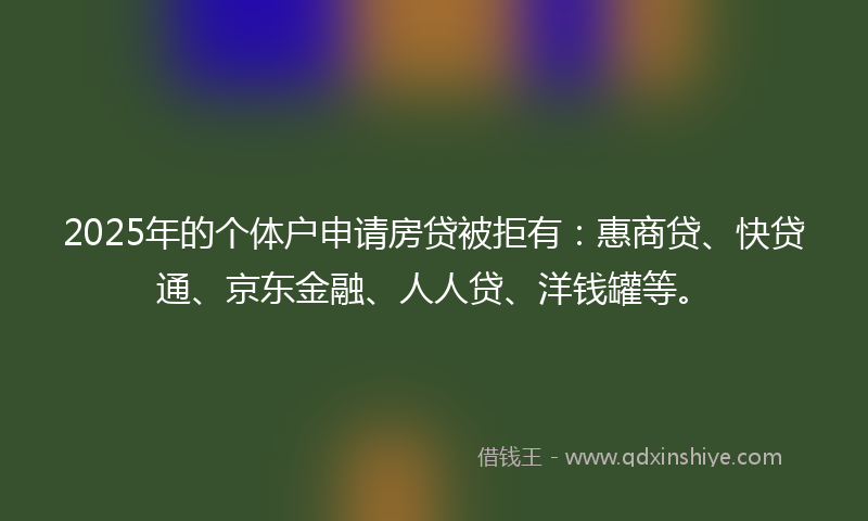 2025年的个体户申请房贷被拒有：惠商贷、快贷通、京东金融、人人贷、洋钱罐等。