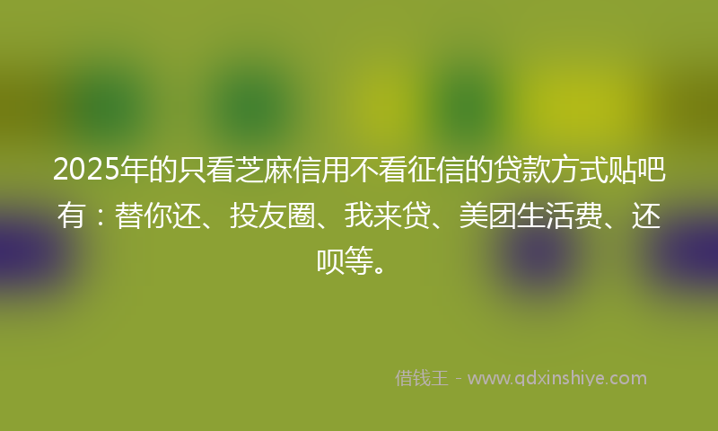 2025年的只看芝麻信用不看征信的贷款方式贴吧有：替你还、投友圈、我来贷、美团生活费、还呗等。
