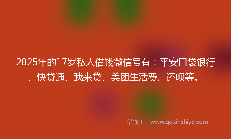 2025年的17岁私人借钱微信号有：平安口袋银行、快贷通、我来贷、美团生活费、还呗等。