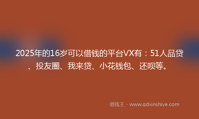2025年的16岁可以借钱的平台VX有：51人品贷、投友圈、我来贷、小花钱包、还呗等。