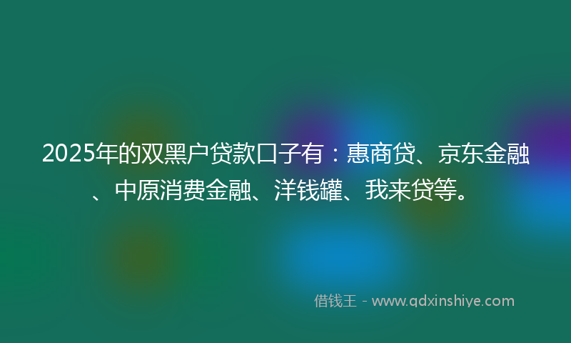 2025年的双黑户贷款口子有：惠商贷、京东金融、中原消费金融、洋钱罐、我来贷等。