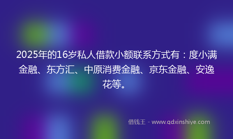 2025年的16岁私人借款小额联系方式有：度小满金融、东方汇、中原消费金融、京东金融、安逸花等。