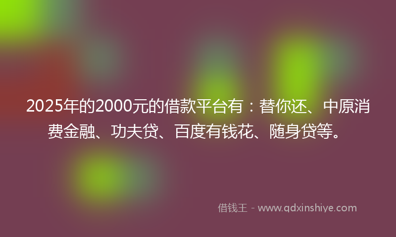 2025年的2000元的借款平台有：替你还、中原消费金融、功夫贷、百度有钱花、随身贷等。