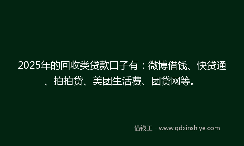 2025年的回收类贷款口子有：微博借钱、快贷通、拍拍贷、美团生活费、团贷网等。