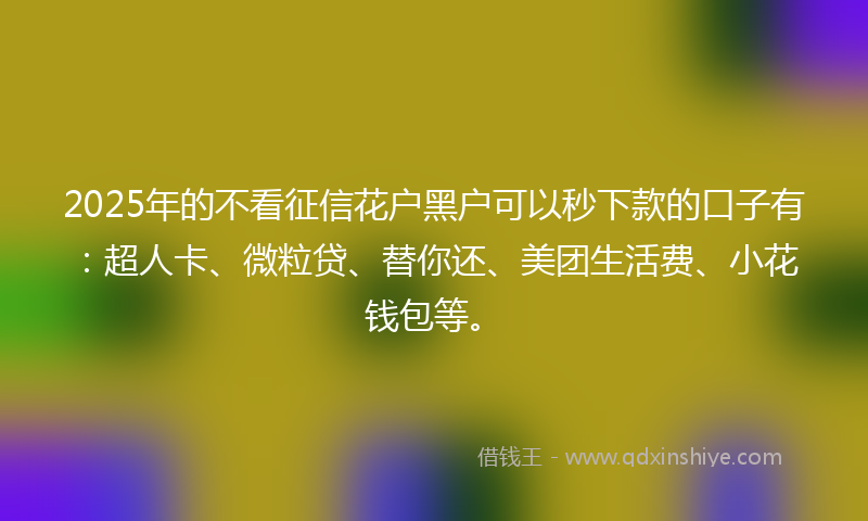 2025年的不看征信花户黑户可以秒下款的口子有：超人卡、微粒贷、替你还、美团生活费、小花钱包等。